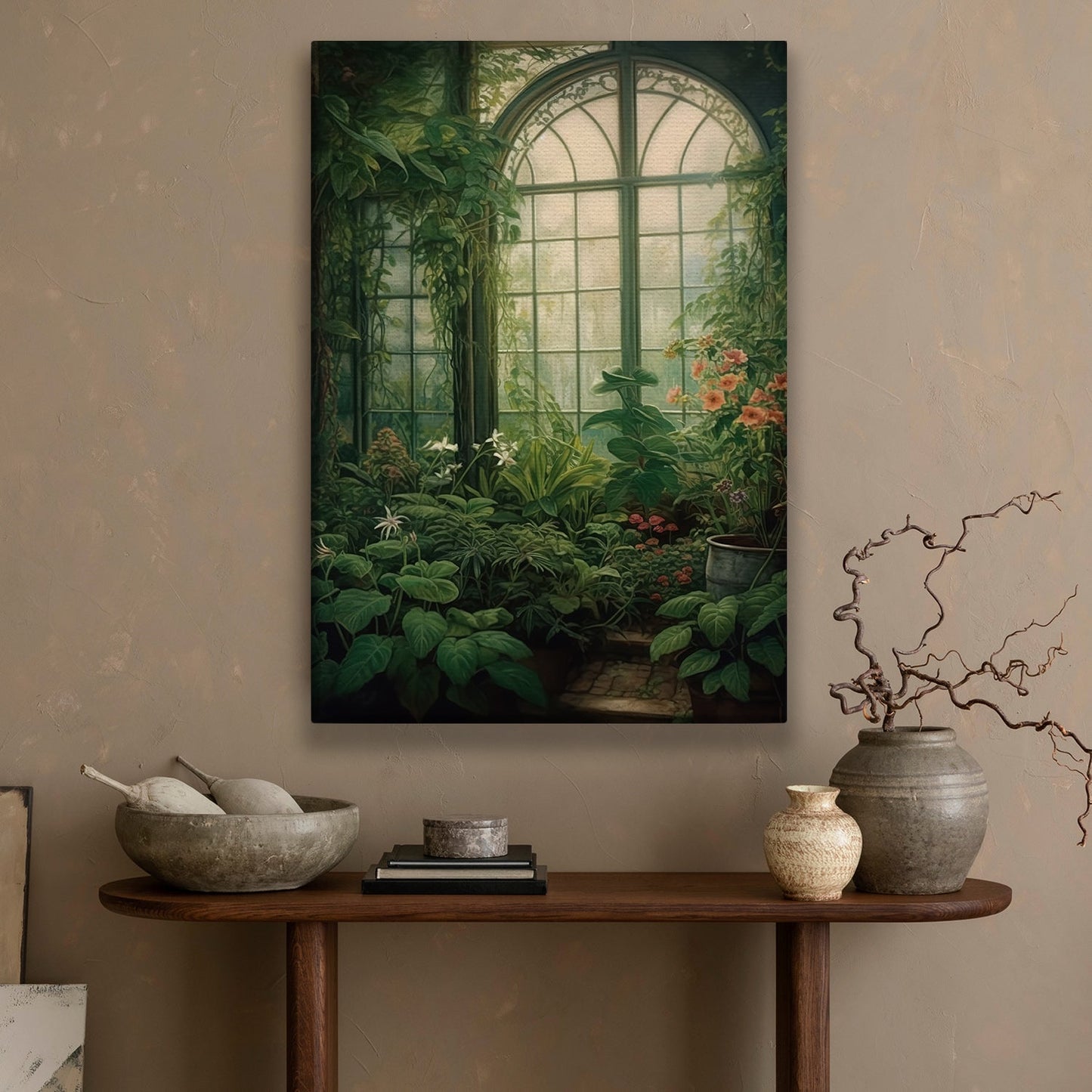 A Lush Conservatory's Quiet Allure, Garden Canvas Painting, Wall Art Decor - Garden House Poster Gift