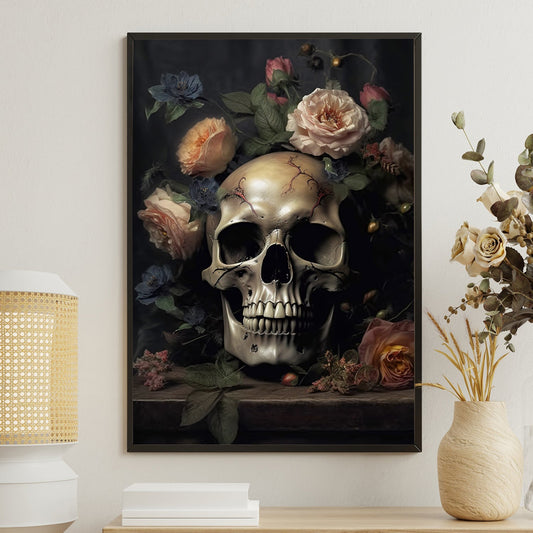 Spocky Skull With Flowers, Skull Canvas Painting, Wall Art Decor - Vintage Skull Poster Gift