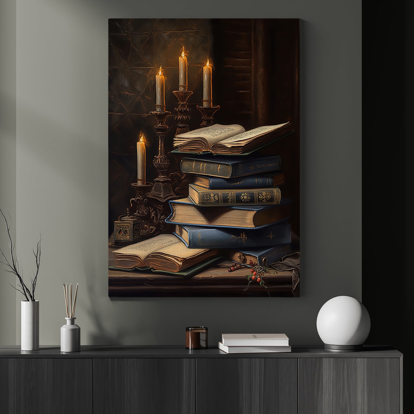 The Candlelit Library, Candle Canvas Painting, Spooky Season Wall Art Decor, Halloween Poster Gift For Book Lovers