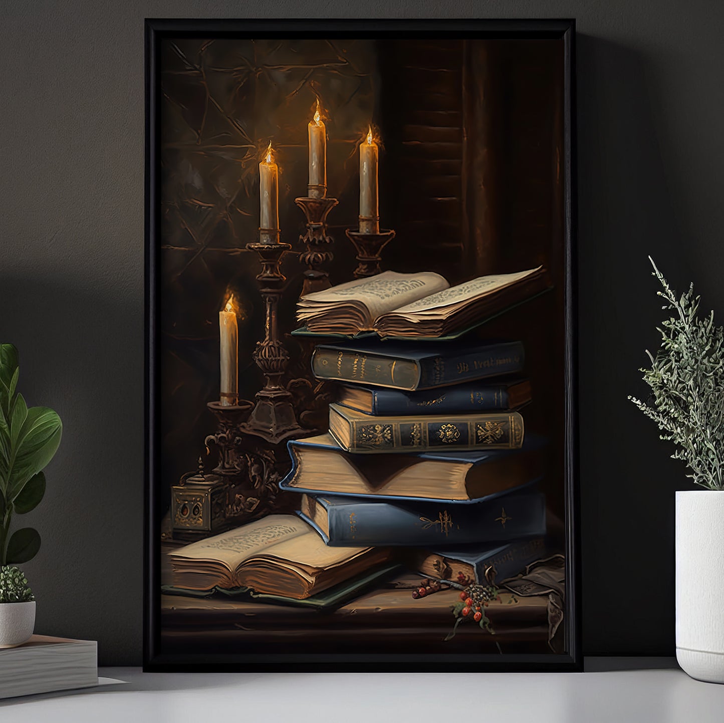 The Candlelit Library, Candle Canvas Painting, Spooky Season Wall Art Decor, Halloween Poster Gift For Book Lovers