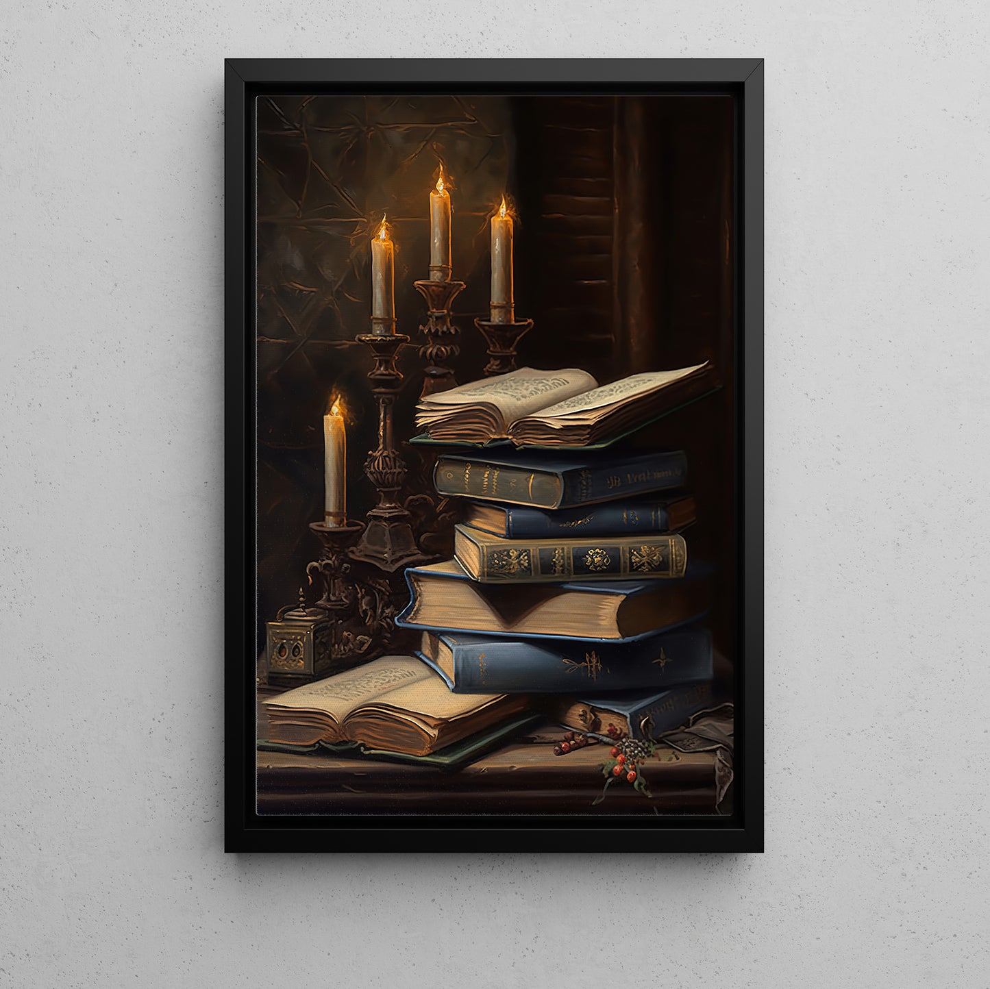 The Candlelit Library, Candle Canvas Painting, Spooky Season Wall Art Decor, Halloween Poster Gift For Book Lovers