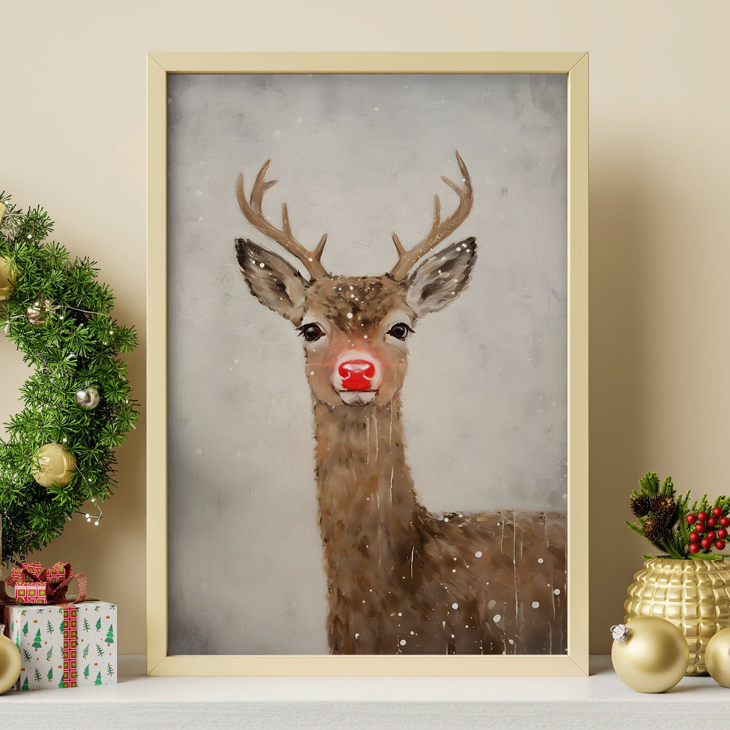 Baby Deer Look At You, Deer Christmas Canvas Painting, Xmas Wall Art Decor - Deer Poster Gift