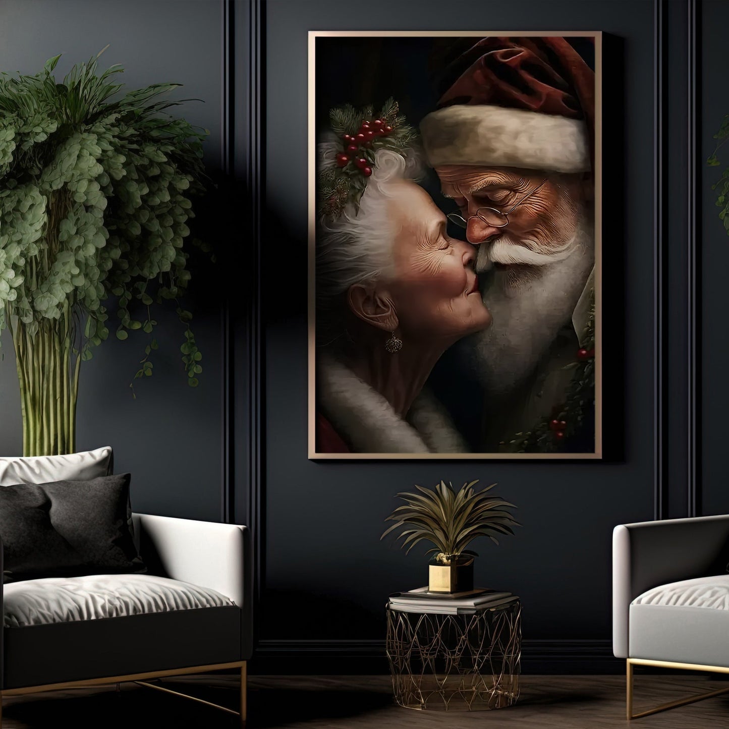 Couple Santa Claus With Love, Santa Claus Christmas Canvas Painting, Xmas Wall Art Decor - Christmas Poster Gift