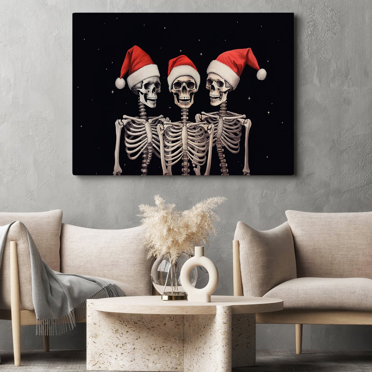 Three Skeletons Wear Santa Hats, Skeleton Christmas Canvas Painting, Xmas Wall Art Decor - Skeleton Poster Gift