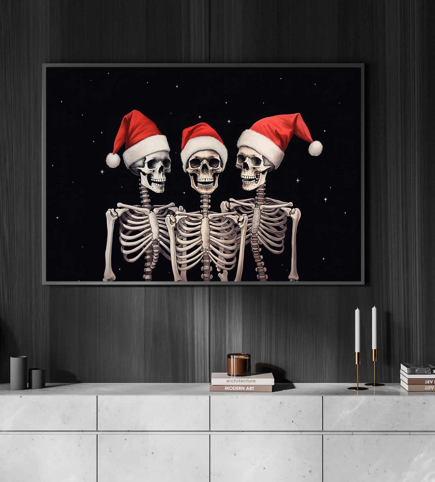 Three Skeletons Wear Santa Hats, Skeleton Christmas Canvas Painting, Xmas Wall Art Decor - Skeleton Poster Gift