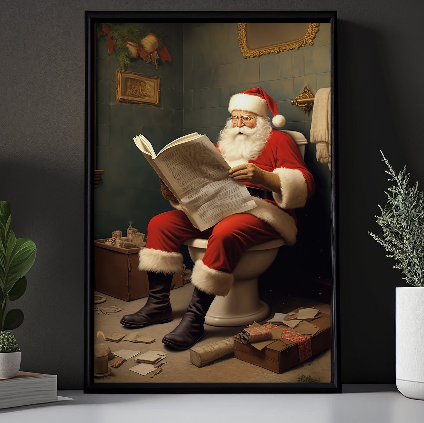 Funny Santa Claus Reading Newspaper In The Bathroom, Santa Claus Canva –  Famhose