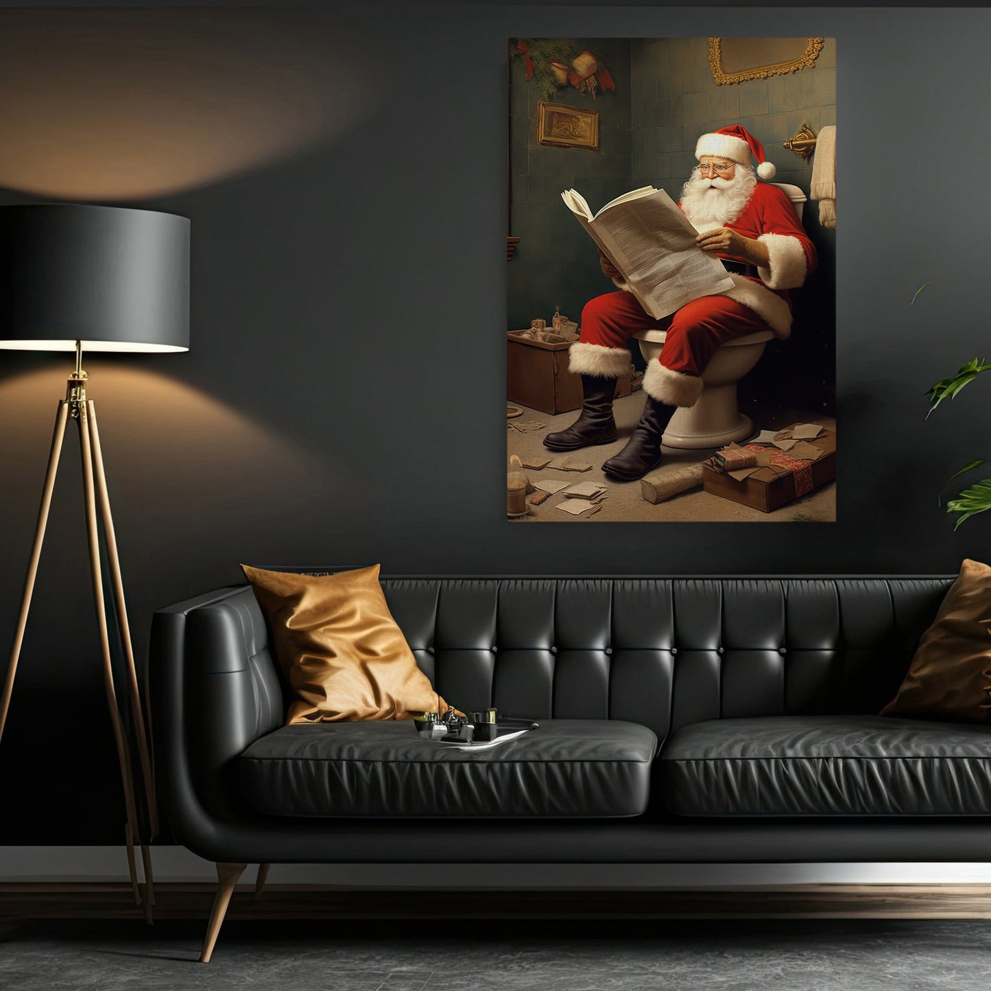 Funny Santa Claus Reading Newspaper In The Bathroom, Santa Claus Canvas Painting, Xmas Wall Art Decor - Christmas Poster Gift