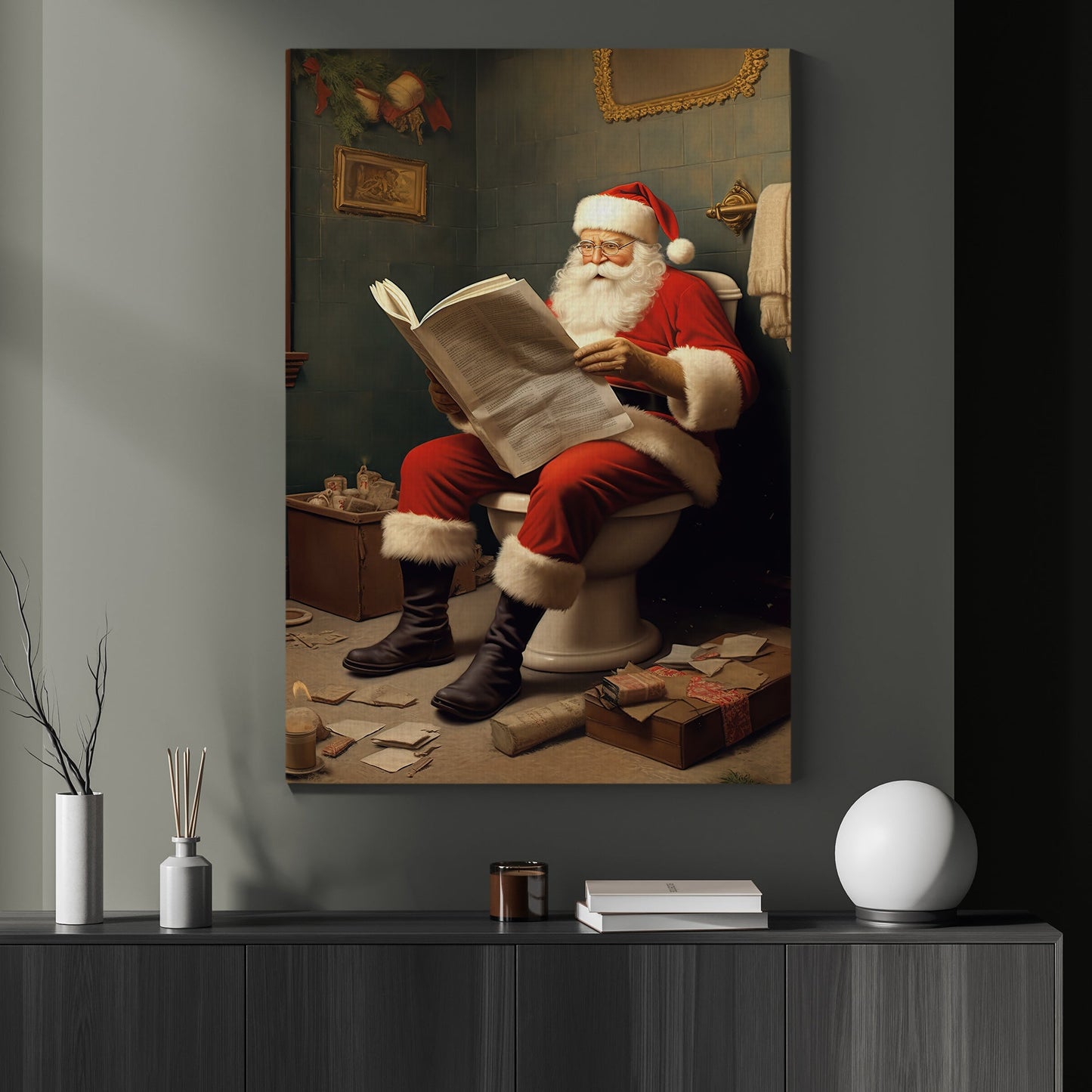 Funny Santa Claus Reading Newspaper In The Bathroom, Santa Claus Canvas Painting, Xmas Wall Art Decor - Christmas Poster Gift