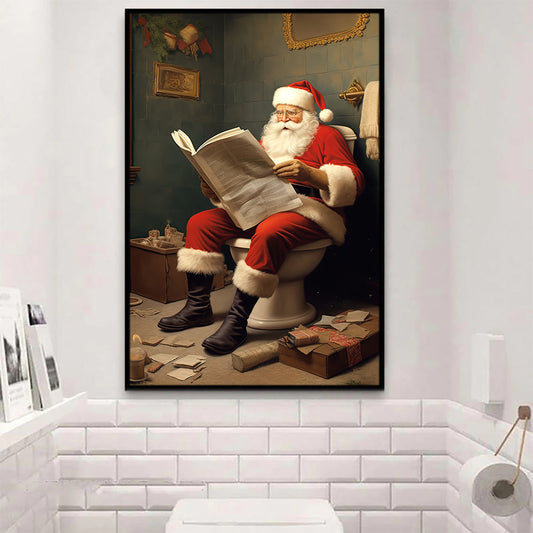 Funny Santa Claus Reading Newspaper In The Bathroom, Santa Claus Canvas Painting, Xmas Wall Art Decor - Christmas Poster Gift