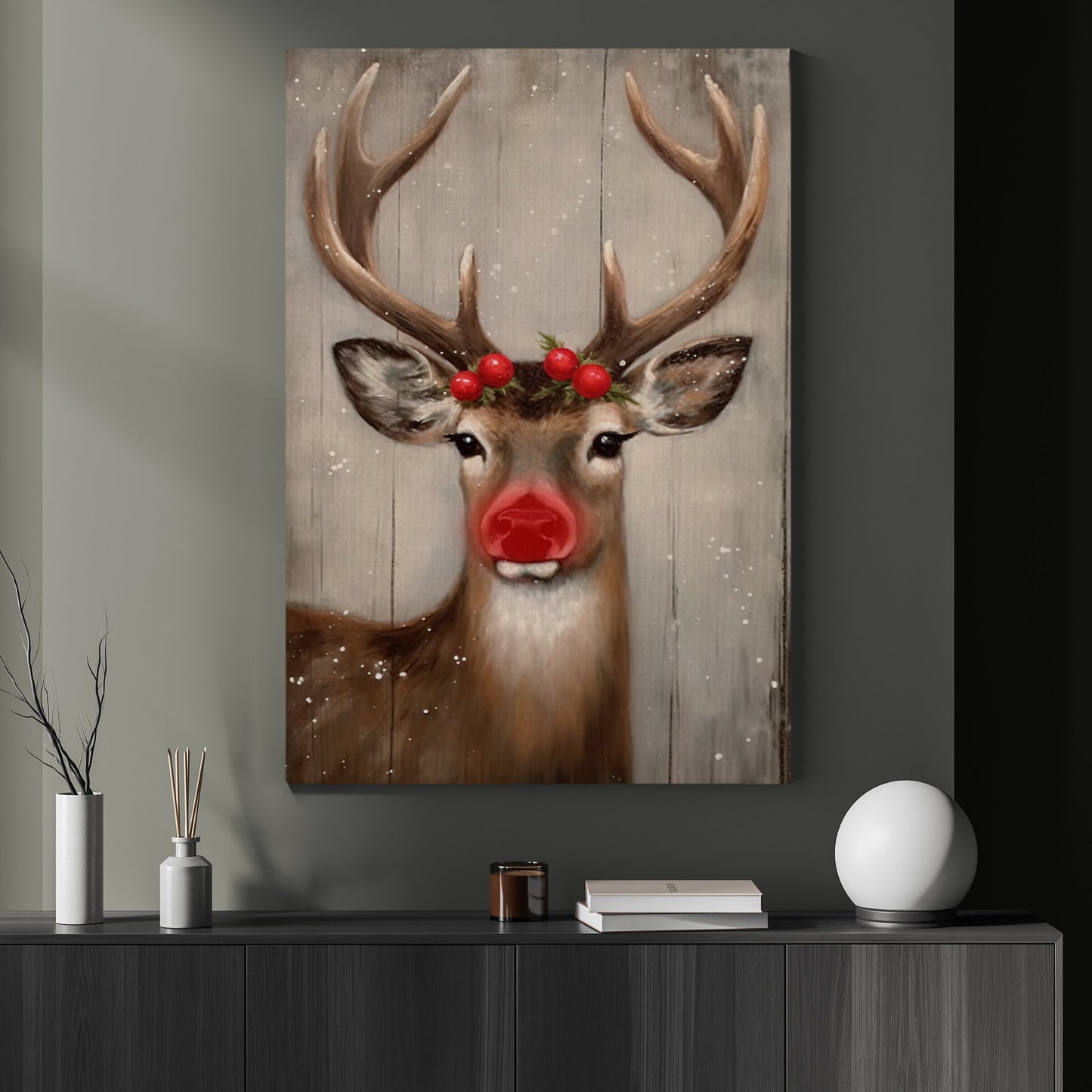 Rudolph Deer Red Nose, Deer Christmas Canvas Painting, Xmas Wall Art Decor - Deer Poster Gift