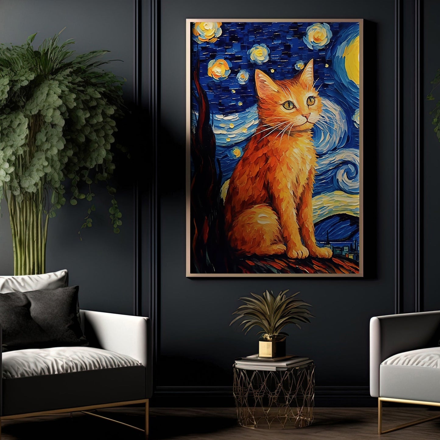 Starry Night Cat On The Tree, Cat Canvas Painting, Van Gogh Wall Art Decor - Cat Poster Gift