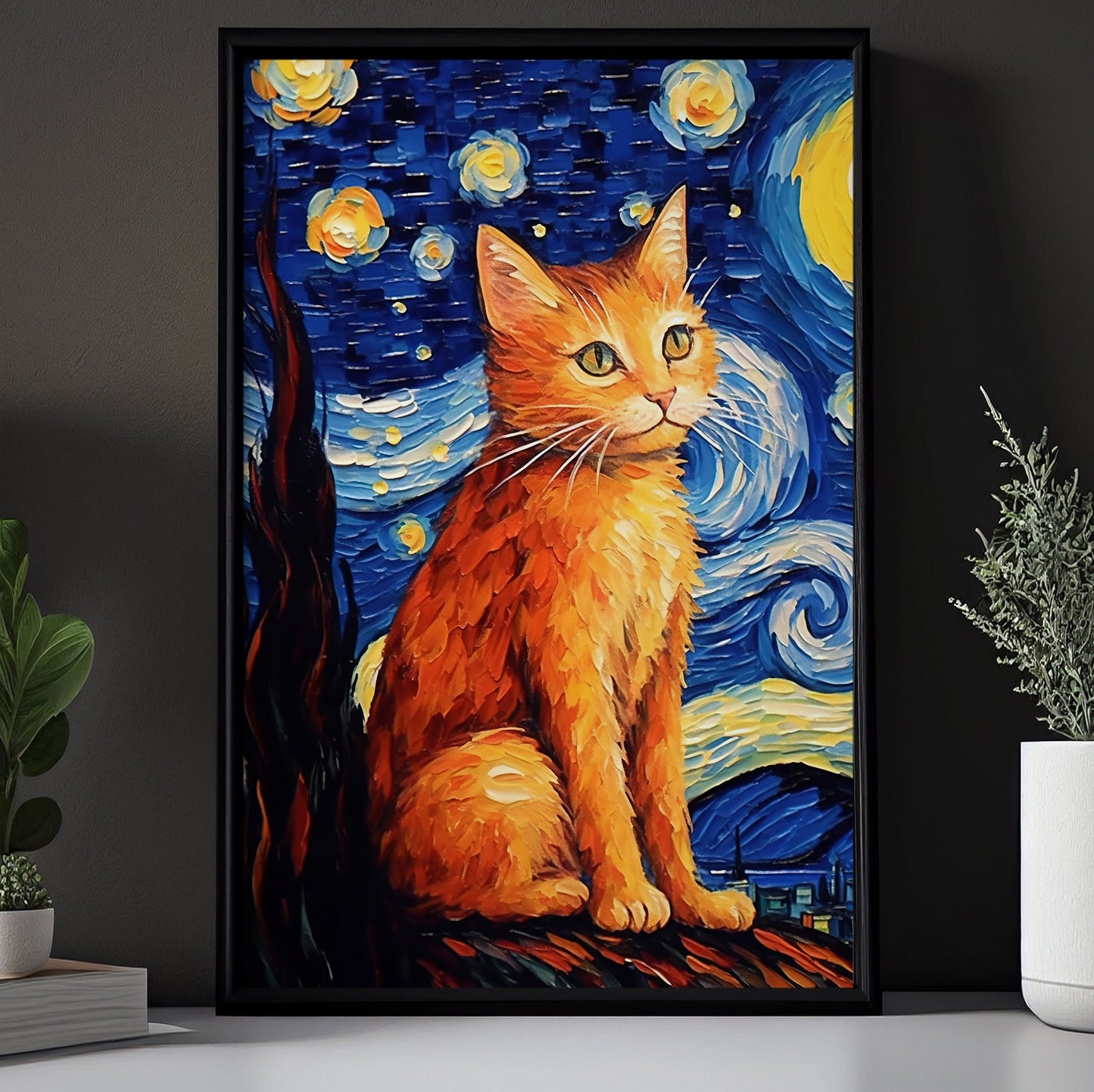 Starry Night Cat On The Tree, Cat Canvas Painting, Van Gogh Wall Art Decor - Cat Poster Gift