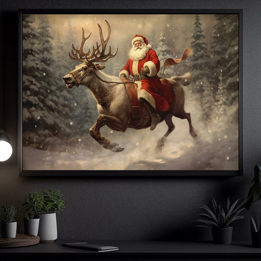 Funny Santa Riding Reindeer, Santa Claus Canvas Painting, Xmas Wall Art Decor - Santa Claus Poster Gift