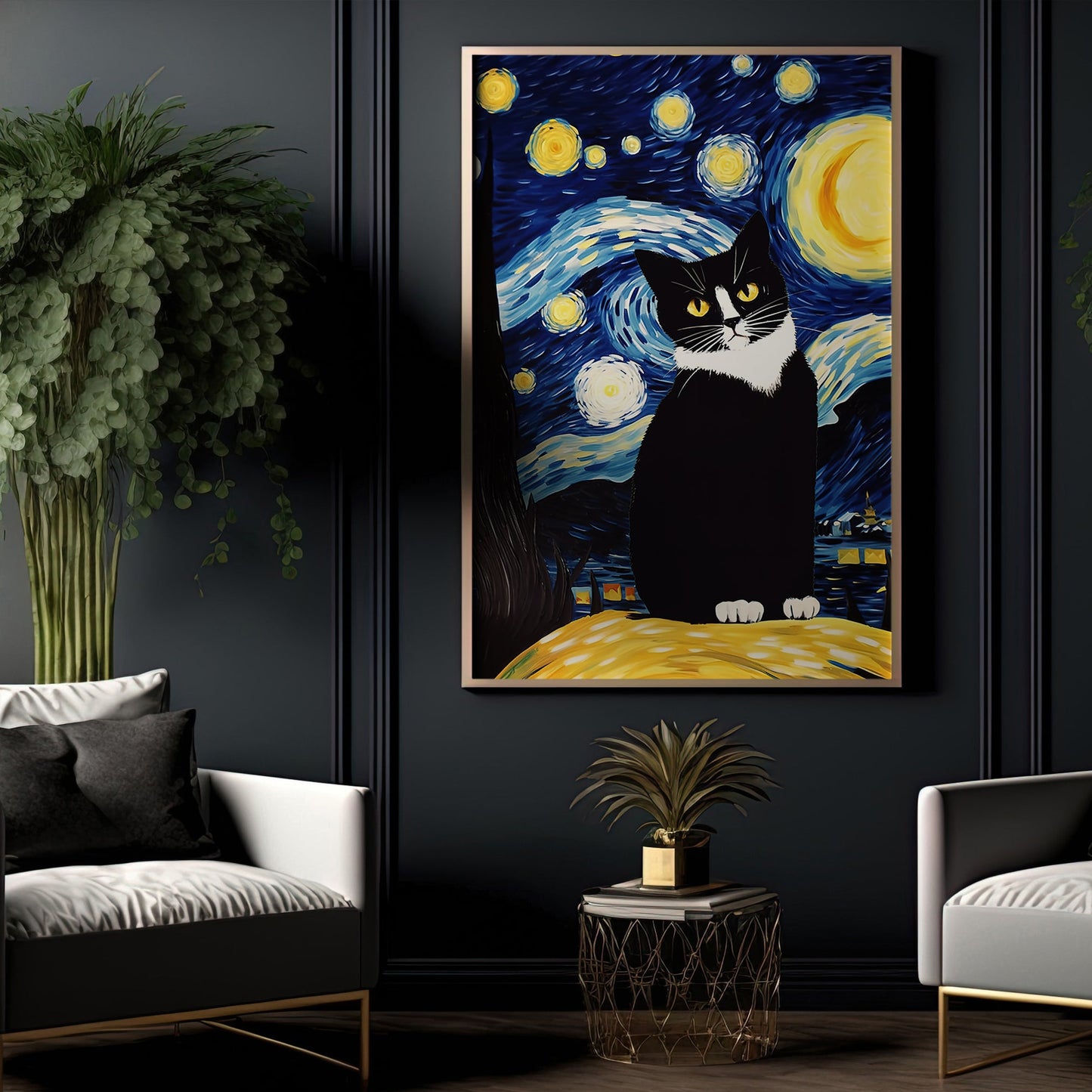 Starry Night Vincent Van Gogh Cat, Cat Canvas Painting, Van Gogh Famous Painting Wall Art Decor - Cat Poster Gift