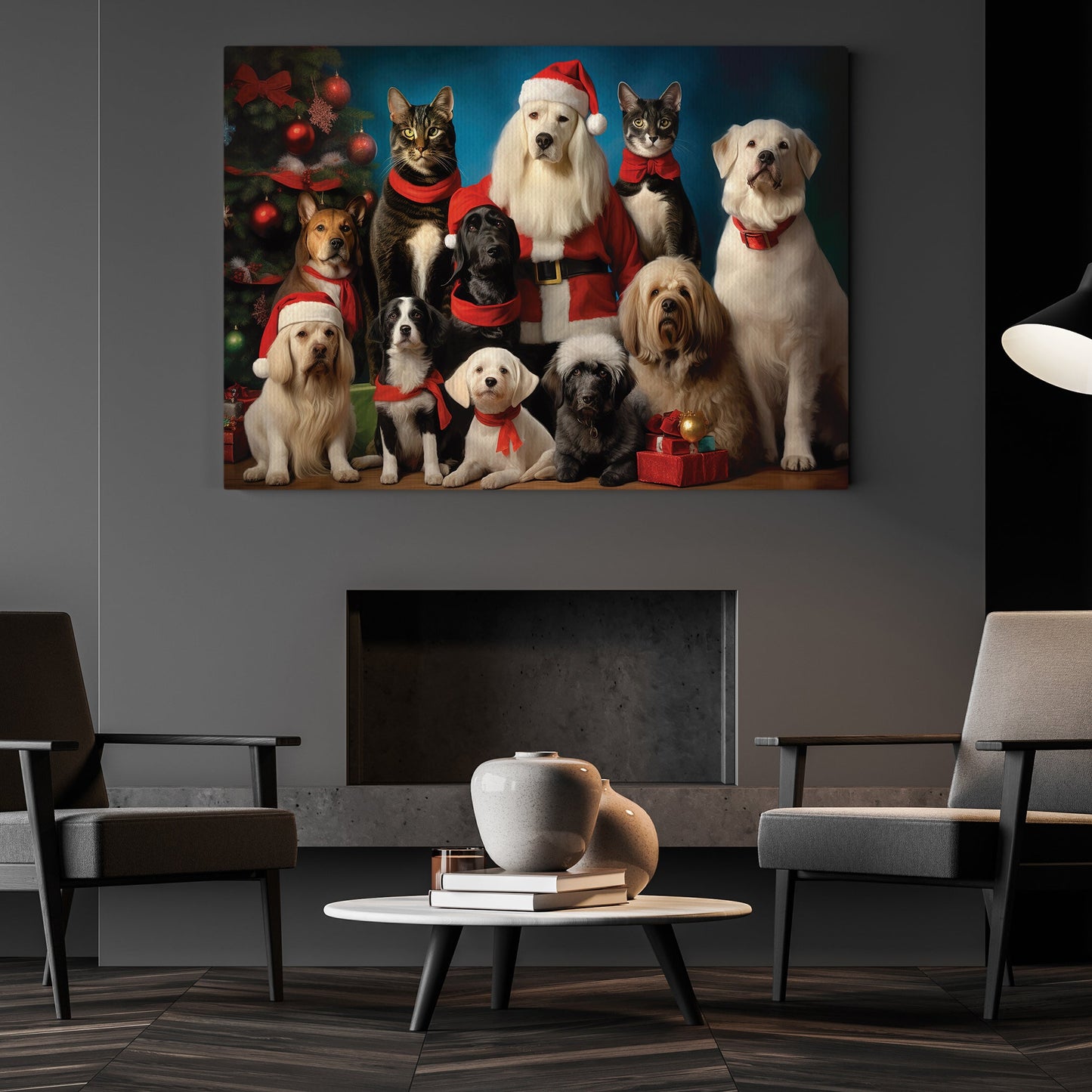 A Festive Gathering Of Santa's Four-Legged Helpers, Animals Canvas Painting, Xmas Wall Art Decor - Christmas Poster Gift