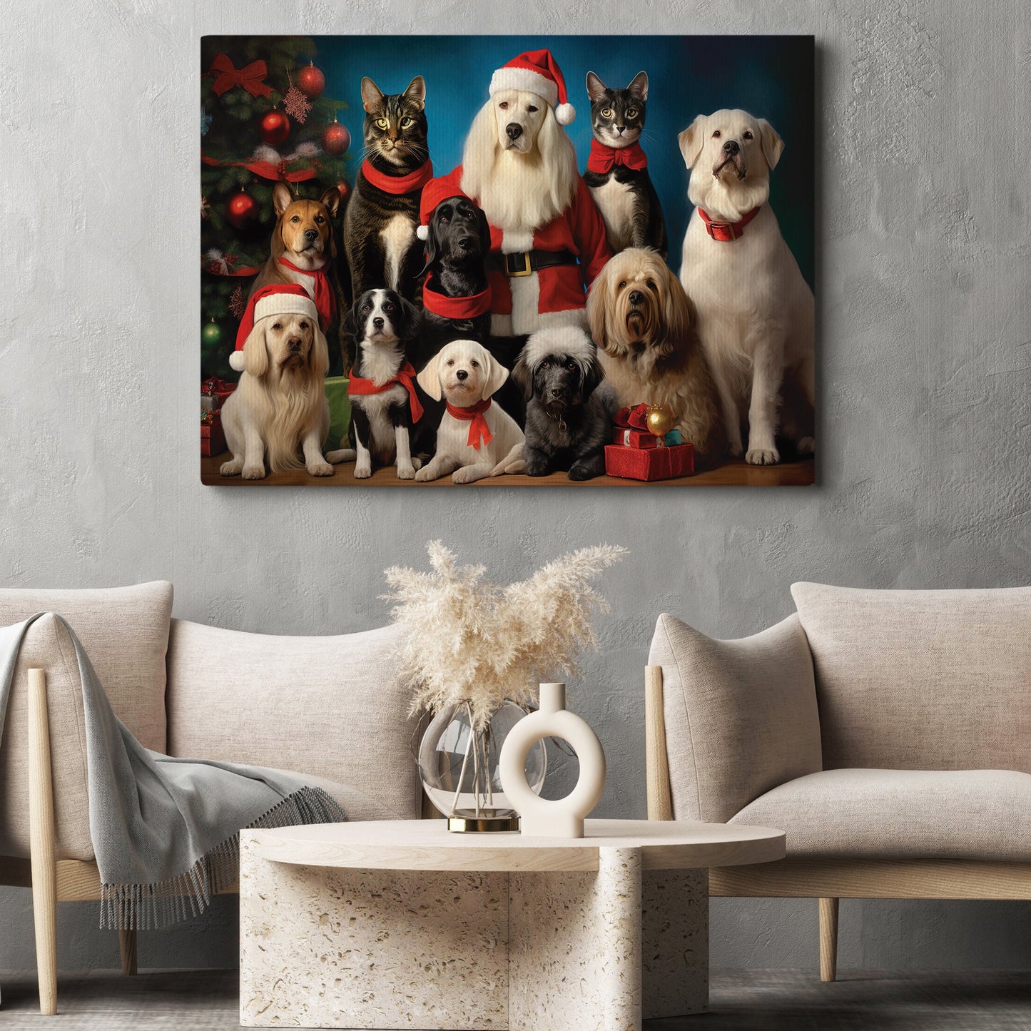 A Festive Gathering Of Santa's Four-Legged Helpers, Animals Canvas Painting, Xmas Wall Art Decor - Christmas Poster Gift