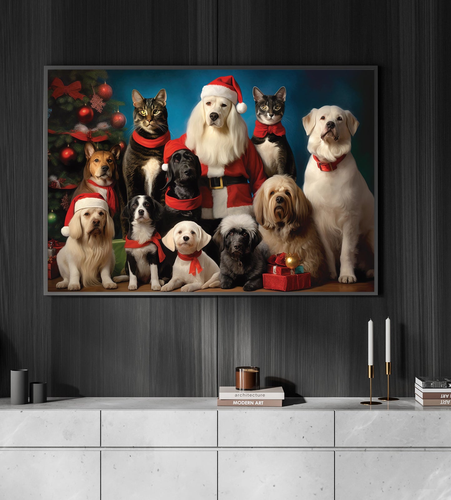 A Festive Gathering Of Santa's Four-Legged Helpers, Animals Canvas Painting, Xmas Wall Art Decor - Christmas Poster Gift