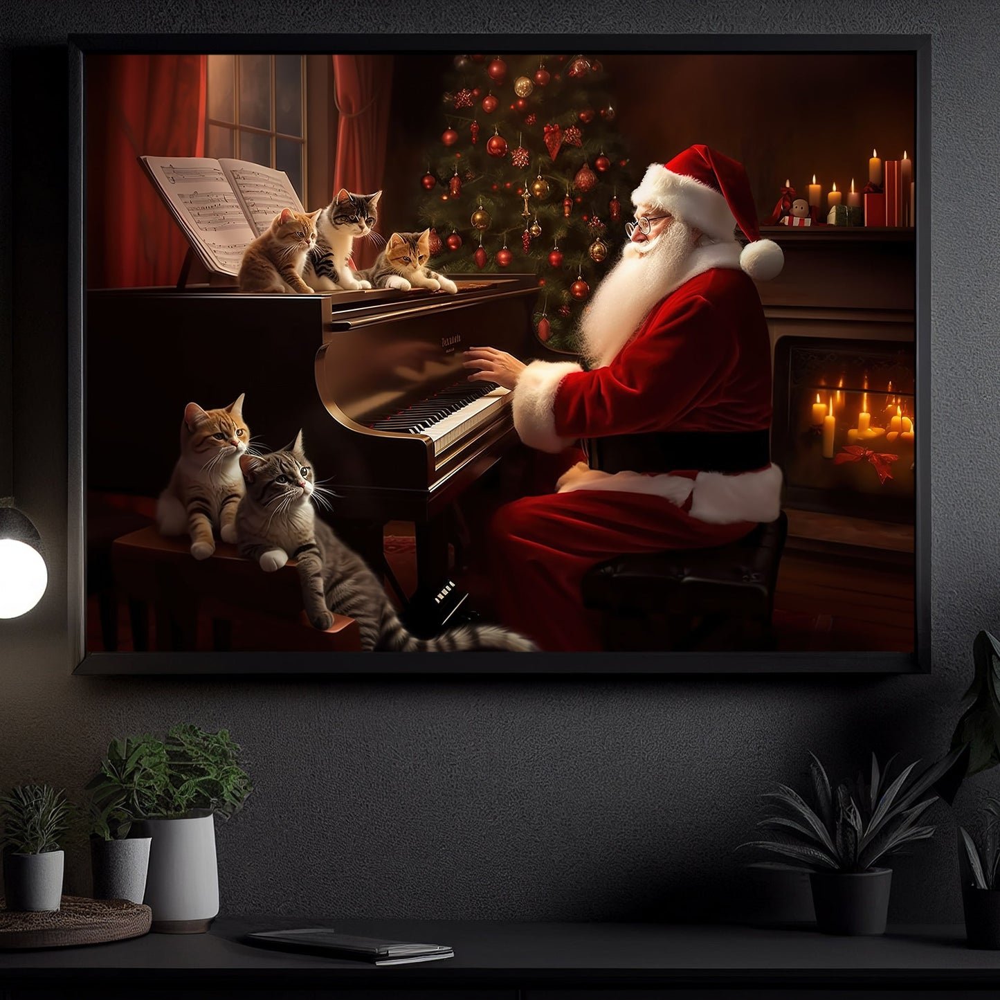 A Cozy Christmas Concert For Feline Friends, Santa Claus Canvas Painting, Xmas Wall Art Decor - Christmas Poster Gift