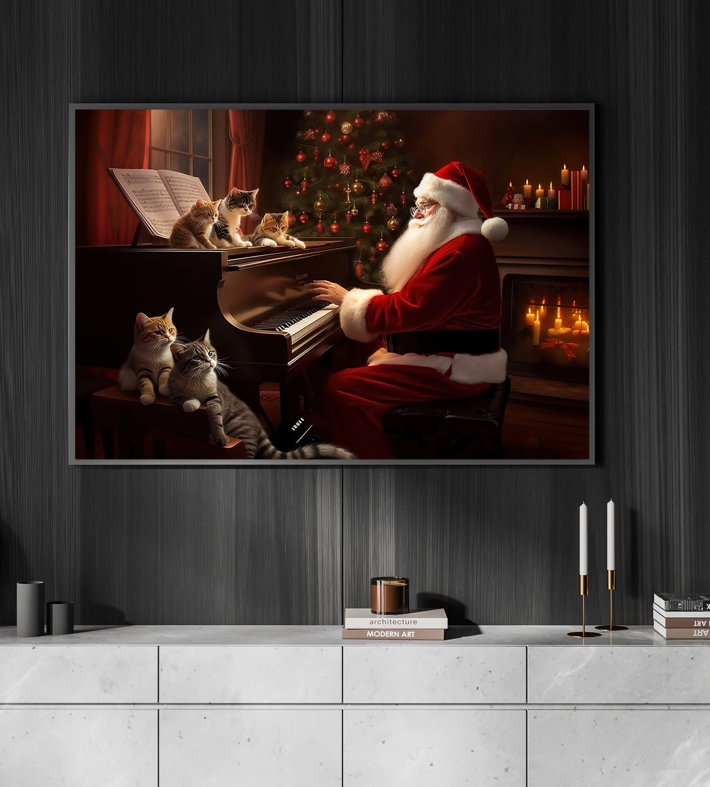 A Cozy Christmas Concert For Feline Friends, Santa Claus Canvas Painting, Xmas Wall Art Decor - Christmas Poster Gift