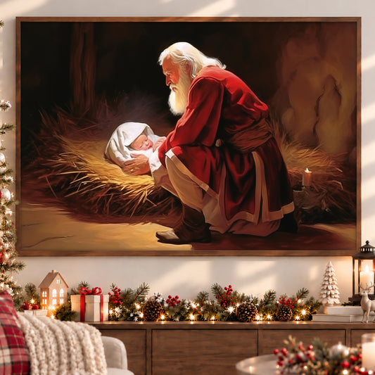 Santa Claus Kneeling At The Manger Canvas Painting, Xmas Wall Art Decor - Christmas Poster Gift