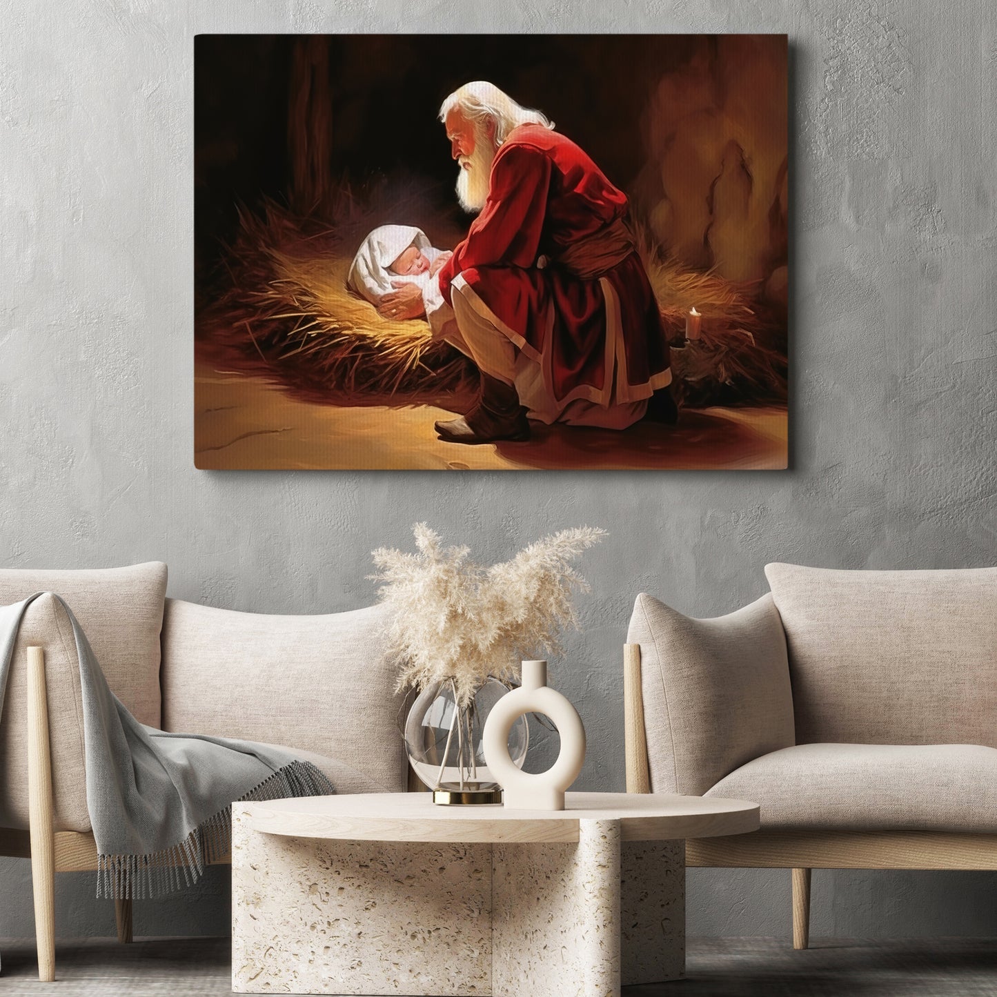 Santa Claus Kneeling At The Manger Canvas Painting, Xmas Wall Art Decor - Christmas Poster Gift