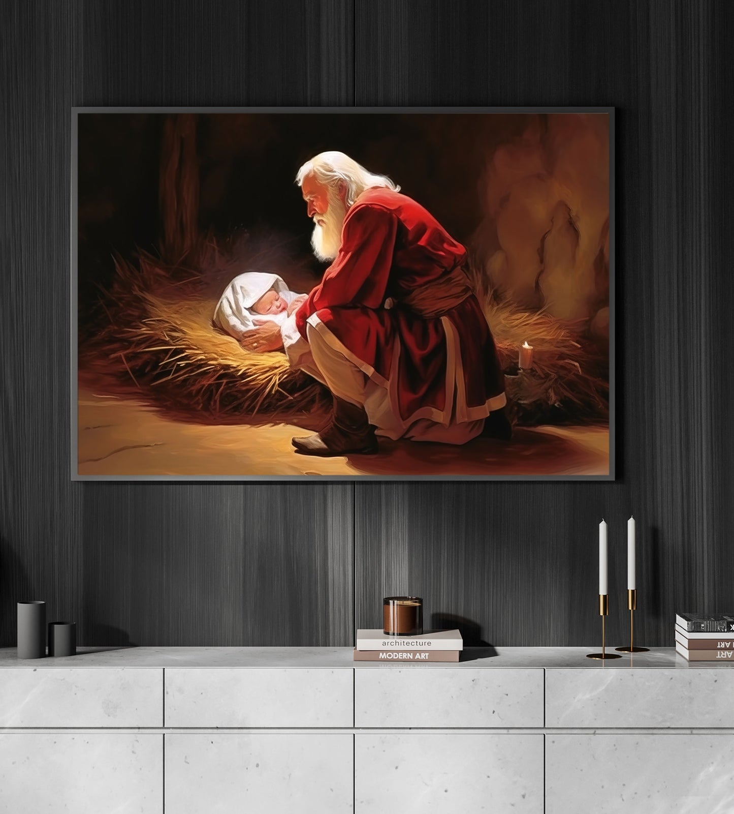 Santa Claus Kneeling At The Manger Canvas Painting, Xmas Wall Art Decor - Christmas Poster Gift