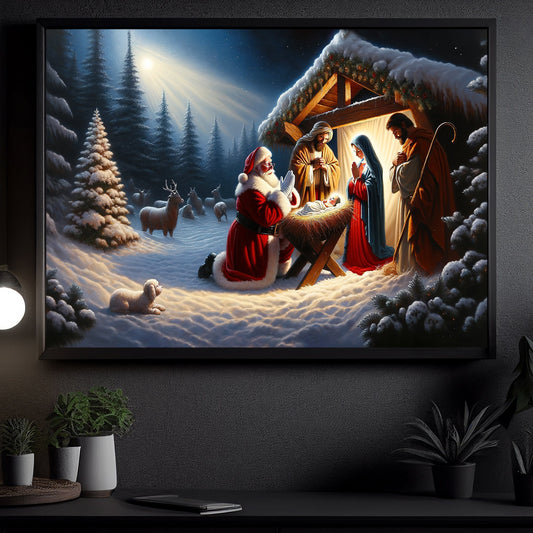 Santa's Homage At The Nativity, Nativity Christmas Canvas Painting, Xmas Wall Art Decor - Christians Poster Gift