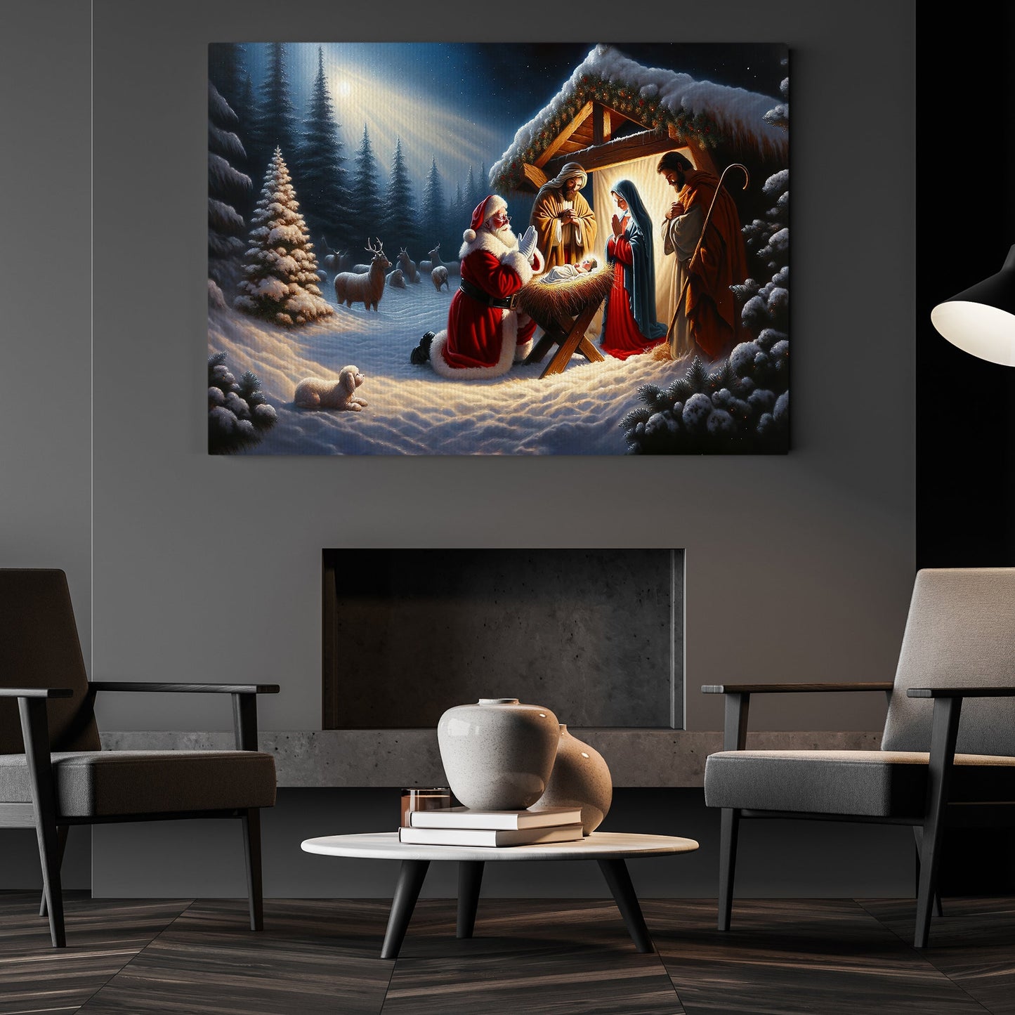 Santa's Homage At The Nativity, Nativity Christmas Canvas Painting, Xmas Wall Art Decor - Christians Poster Gift