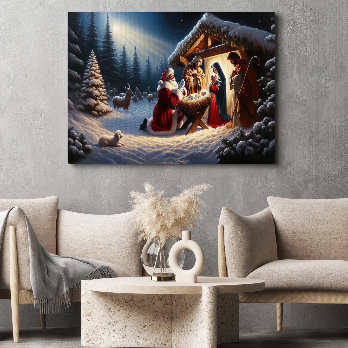 Santa's Homage At The Nativity, Nativity Christmas Canvas Painting, Xmas Wall Art Decor - Christians Poster Gift
