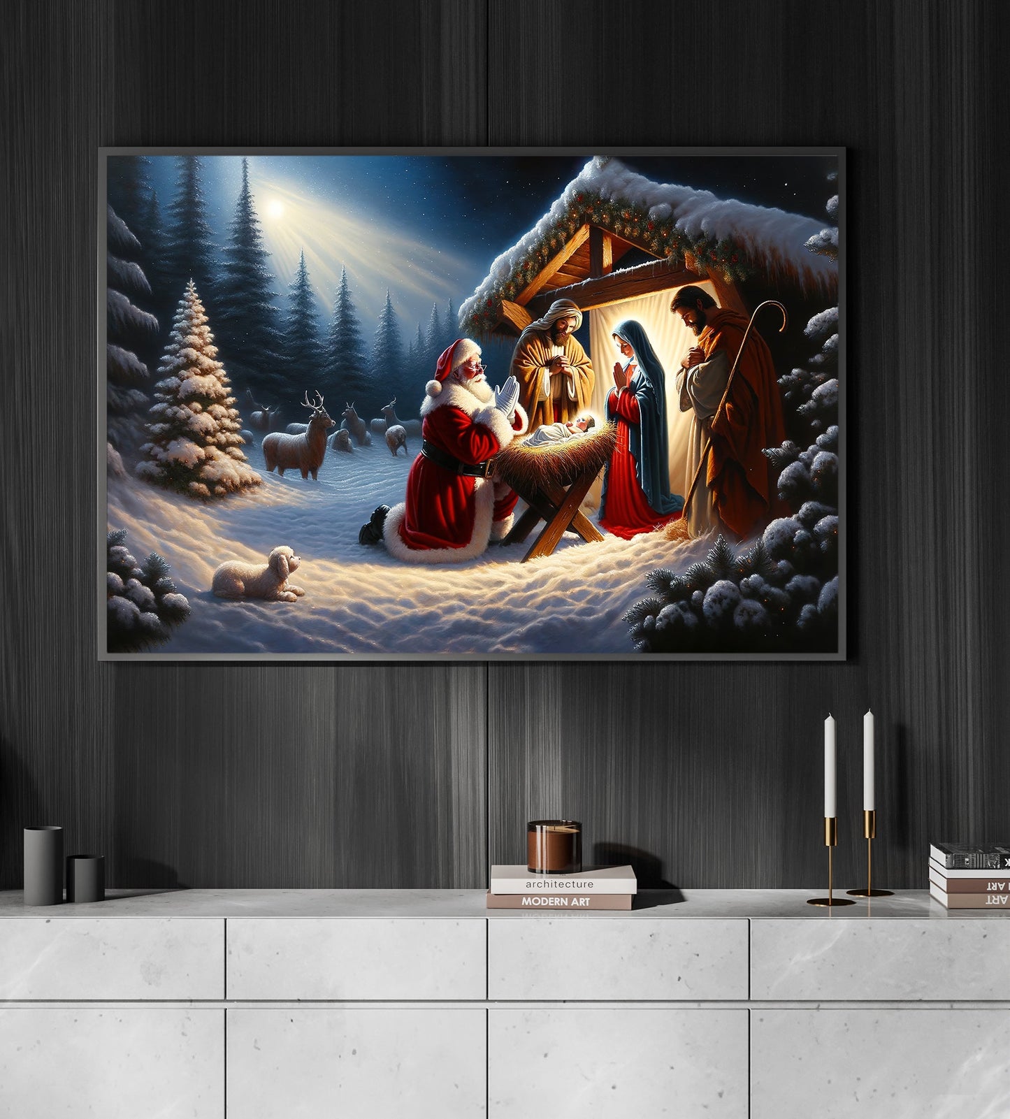 Santa's Homage At The Nativity, Nativity Christmas Canvas Painting, Xmas Wall Art Decor - Christians Poster Gift