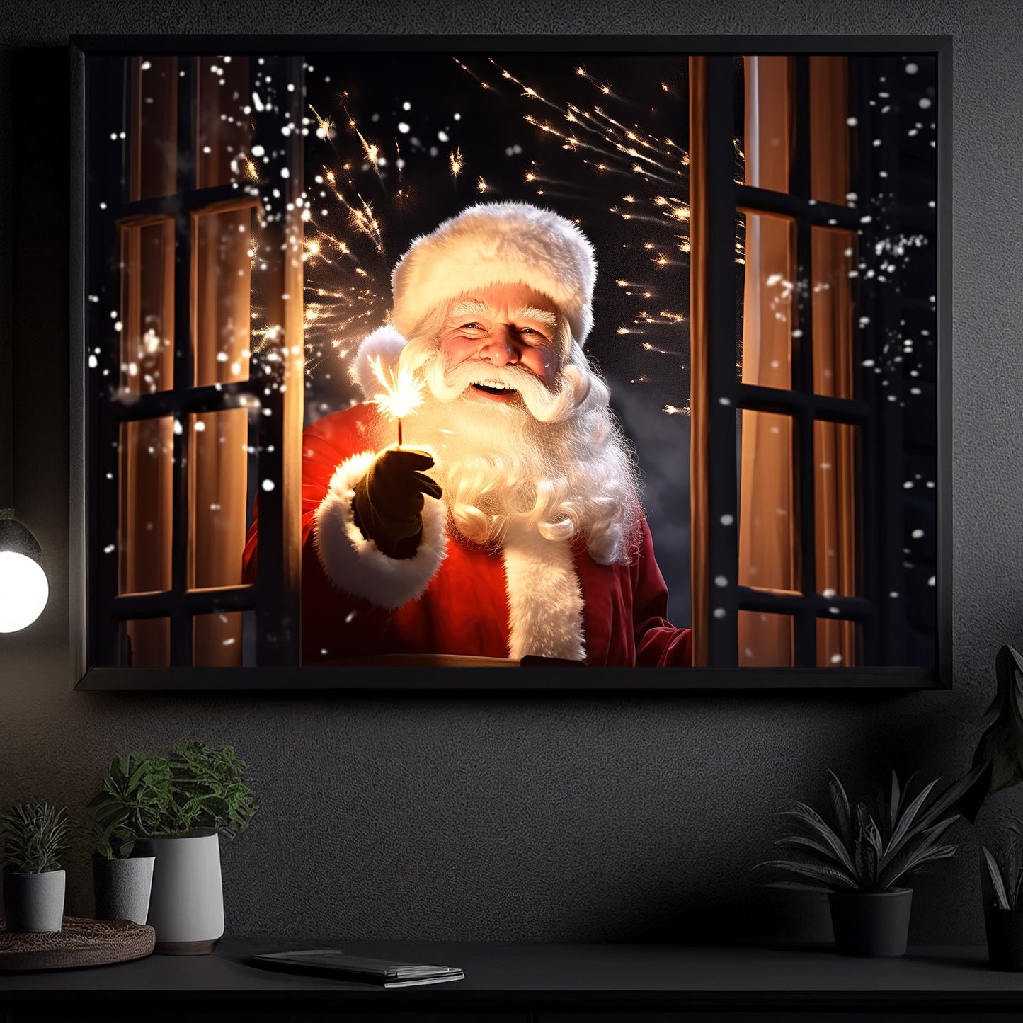 Santa Claus Smiles Through The Window, Santa Claus Canvas Painting, Xmas Wall Art Decor - Christmas Poster Gift