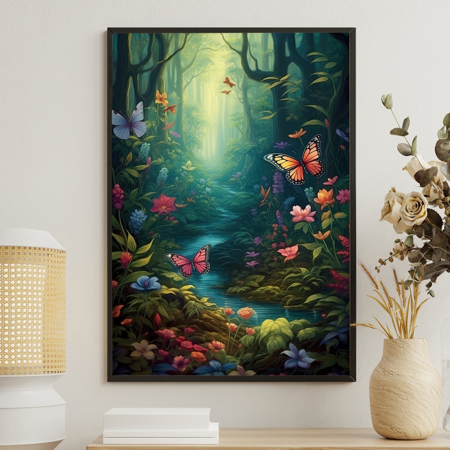 Butterflies In The Mystical Forest, Mystical Forest Canvas Painting, Wall Art Decor - Forest Poster Gift