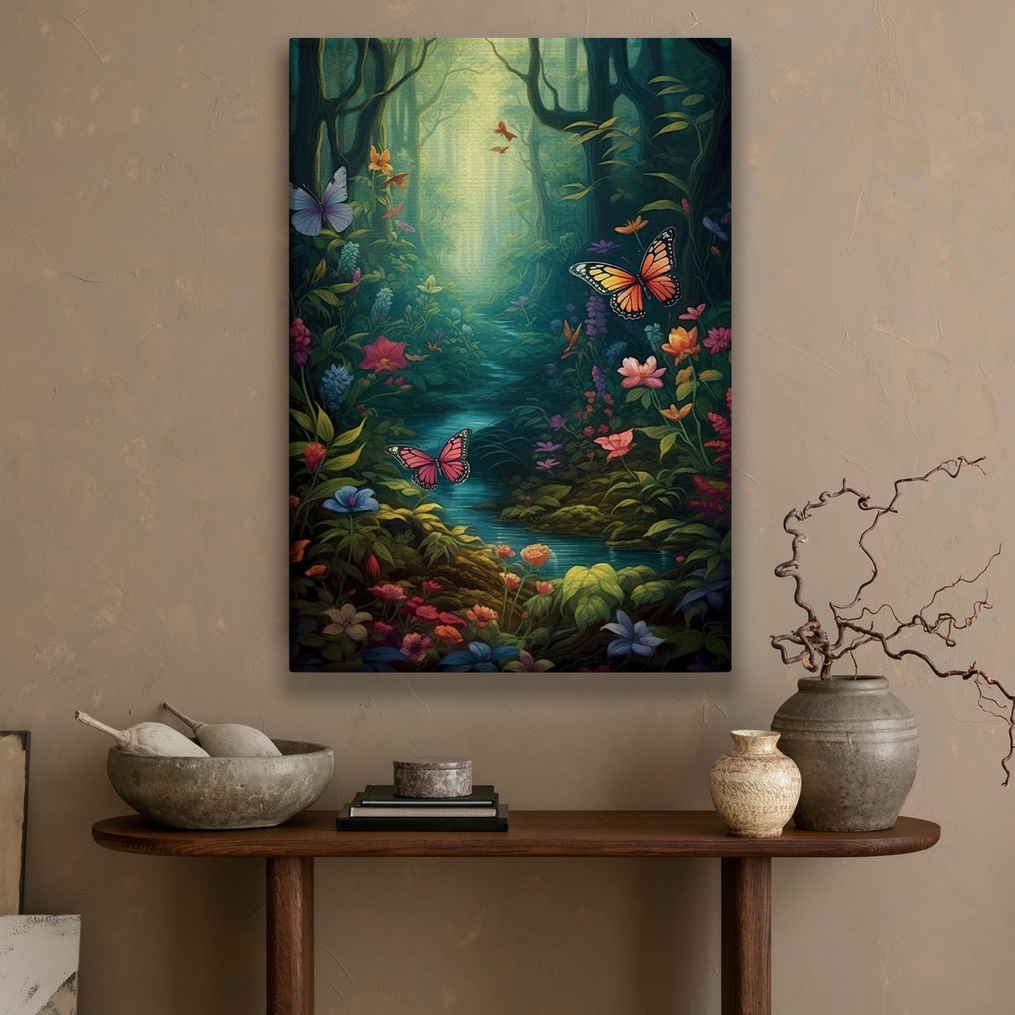 Butterflies In The Mystical Forest, Mystical Forest Canvas Painting, Wall Art Decor - Forest Poster Gift