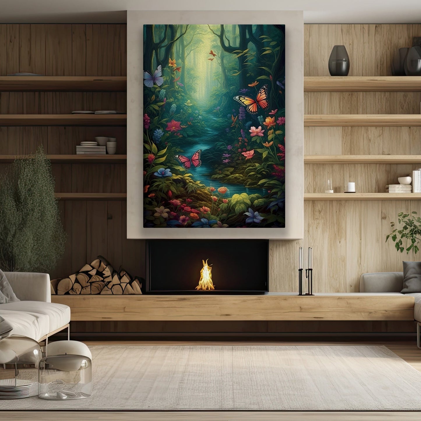 Butterflies In The Mystical Forest, Mystical Forest Canvas Painting, Wall Art Decor - Forest Poster Gift