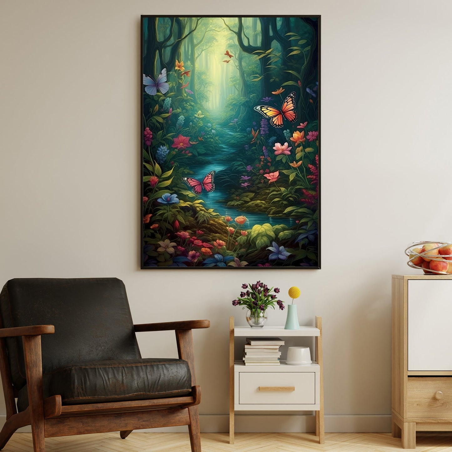 Butterflies In The Mystical Forest, Mystical Forest Canvas Painting, Wall Art Decor - Forest Poster Gift