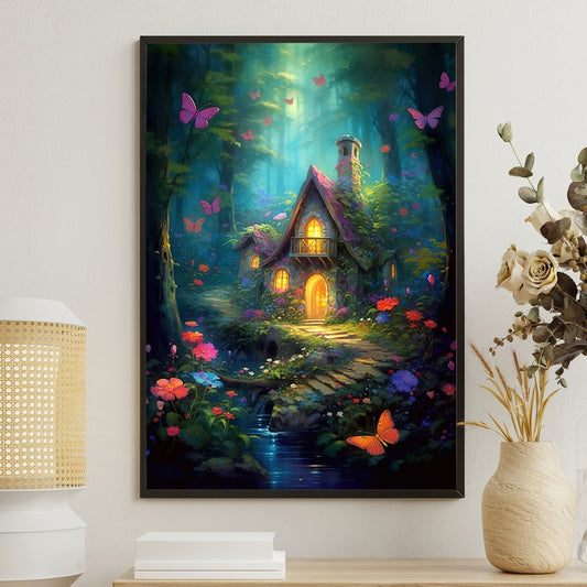 The Enchanted Cottage In The Butterfly Forest, Mystical Forest Canvas Painting, Wall Art Decor - Forest Poster Gift