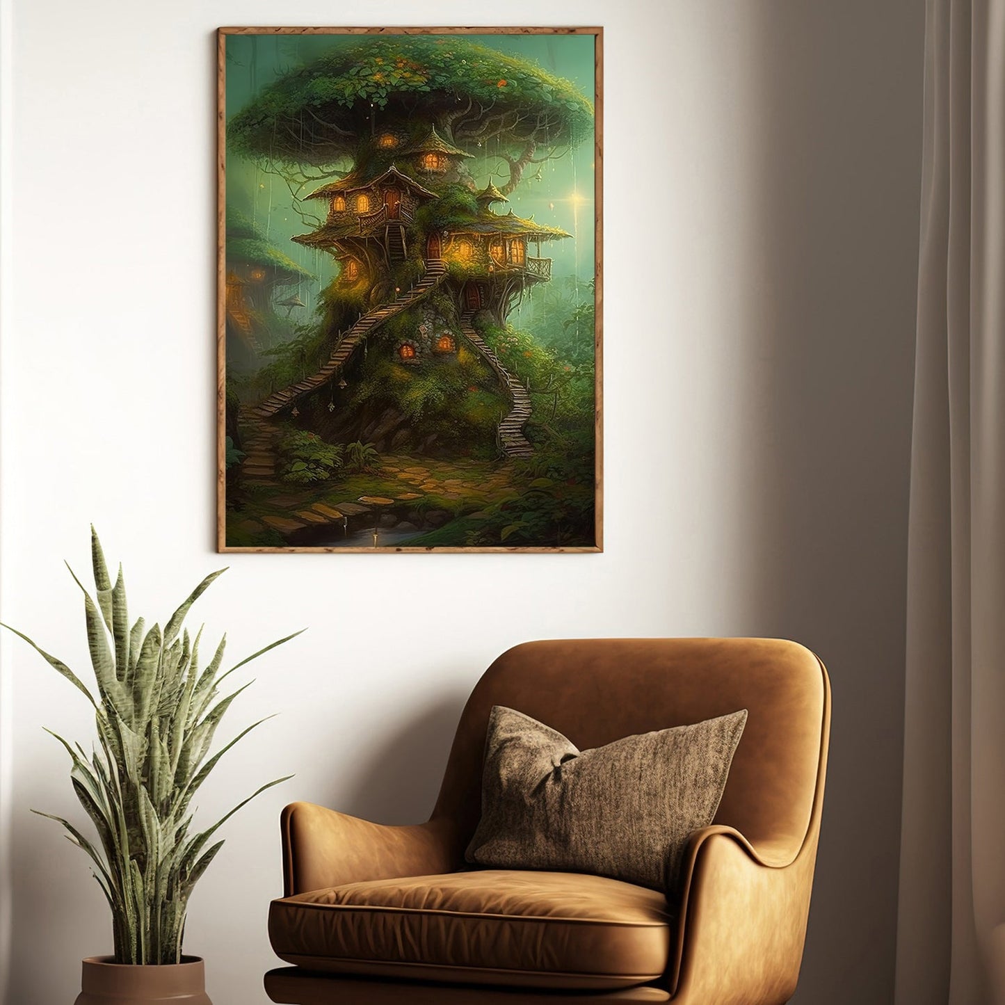 A Treehouse Haven, Mystical Forest Canvas Painting, Wall Art Decor - Mystical House Poster Gift