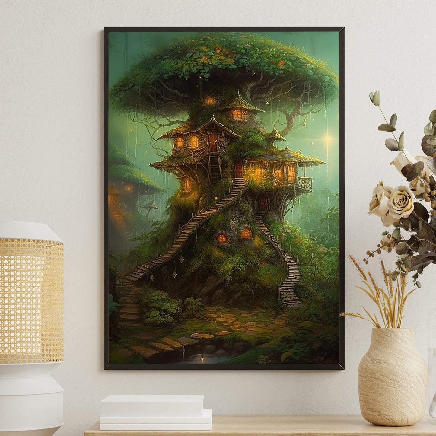 A Treehouse Haven, Mystical Forest Canvas Painting, Wall Art Decor - Mystical House Poster Gift