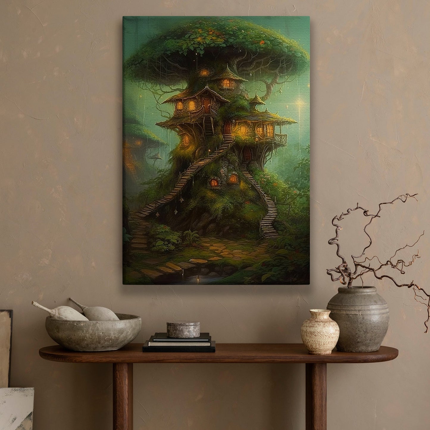 A Treehouse Haven, Mystical Forest Canvas Painting, Wall Art Decor - Mystical House Poster Gift