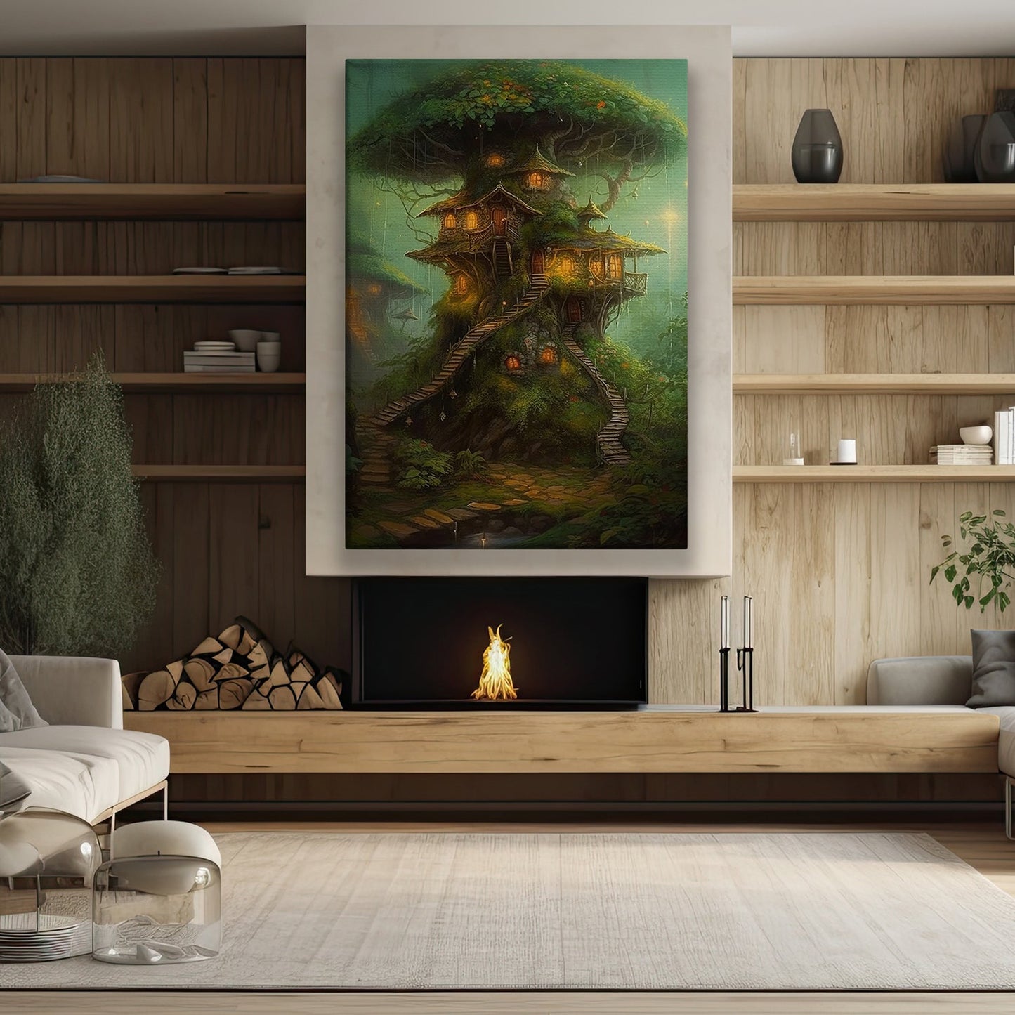 A Treehouse Haven, Mystical Forest Canvas Painting, Wall Art Decor - Mystical House Poster Gift