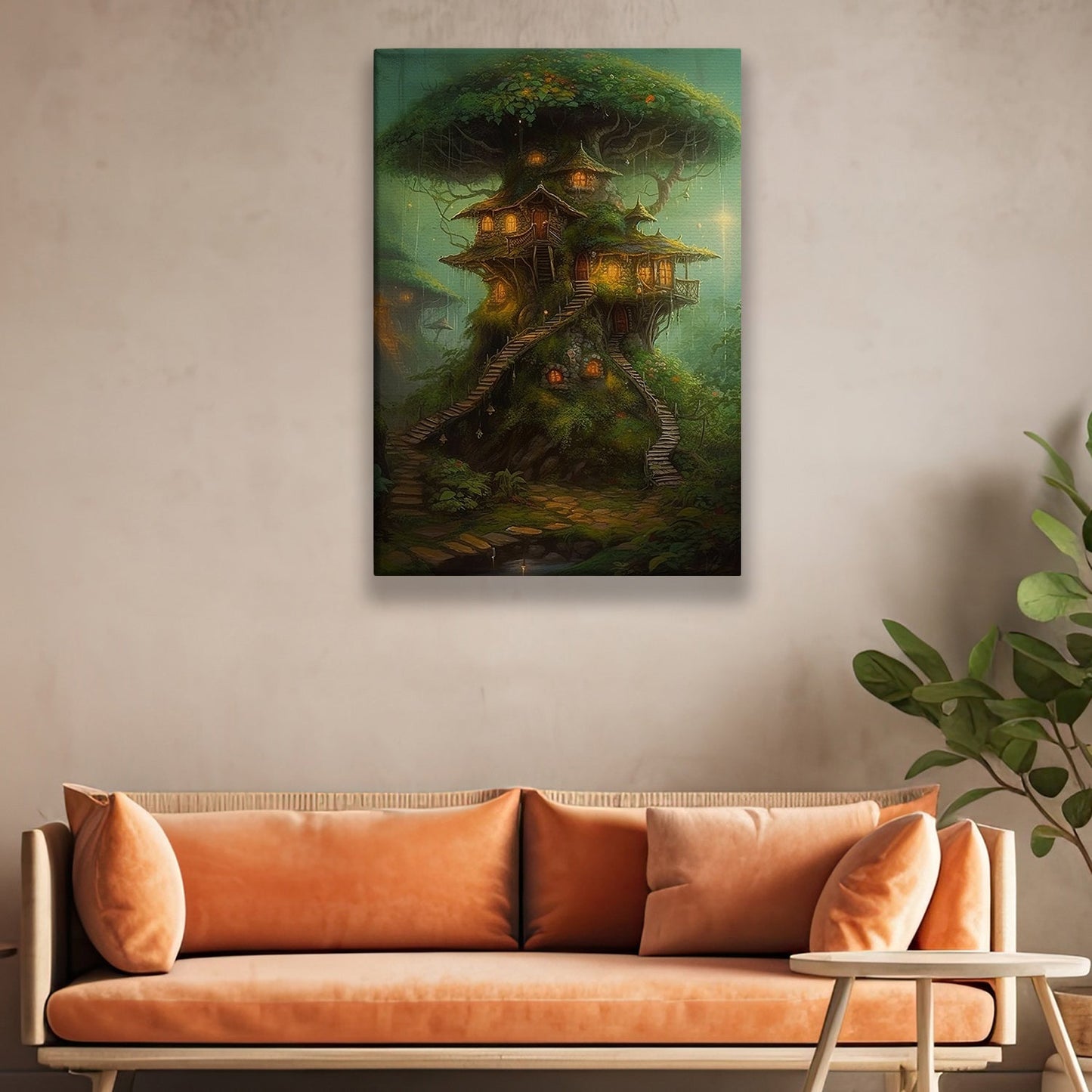 A Treehouse Haven, Mystical Forest Canvas Painting, Wall Art Decor - Mystical House Poster Gift