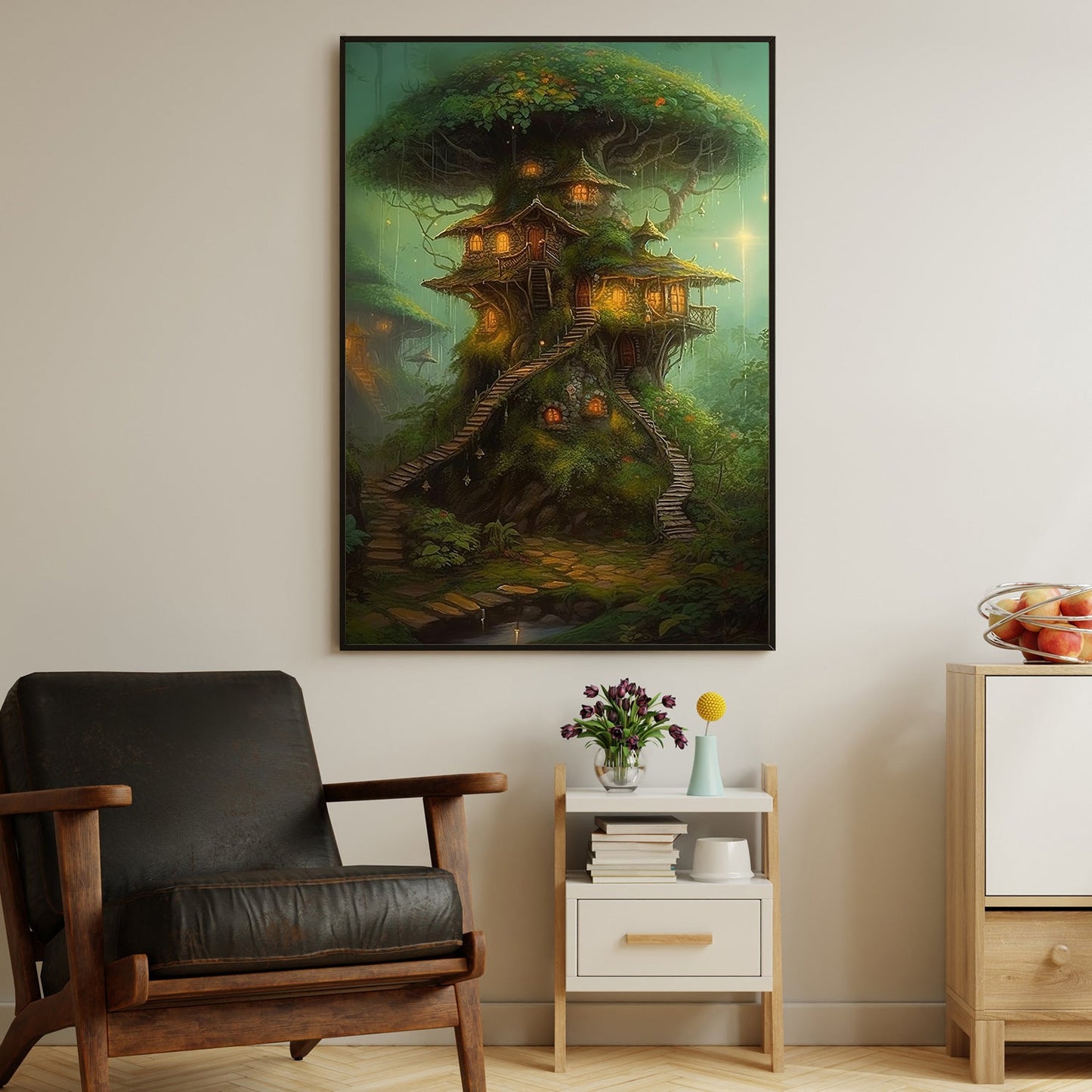 A Treehouse Haven, Mystical Forest Canvas Painting, Wall Art Decor - Mystical House Poster Gift