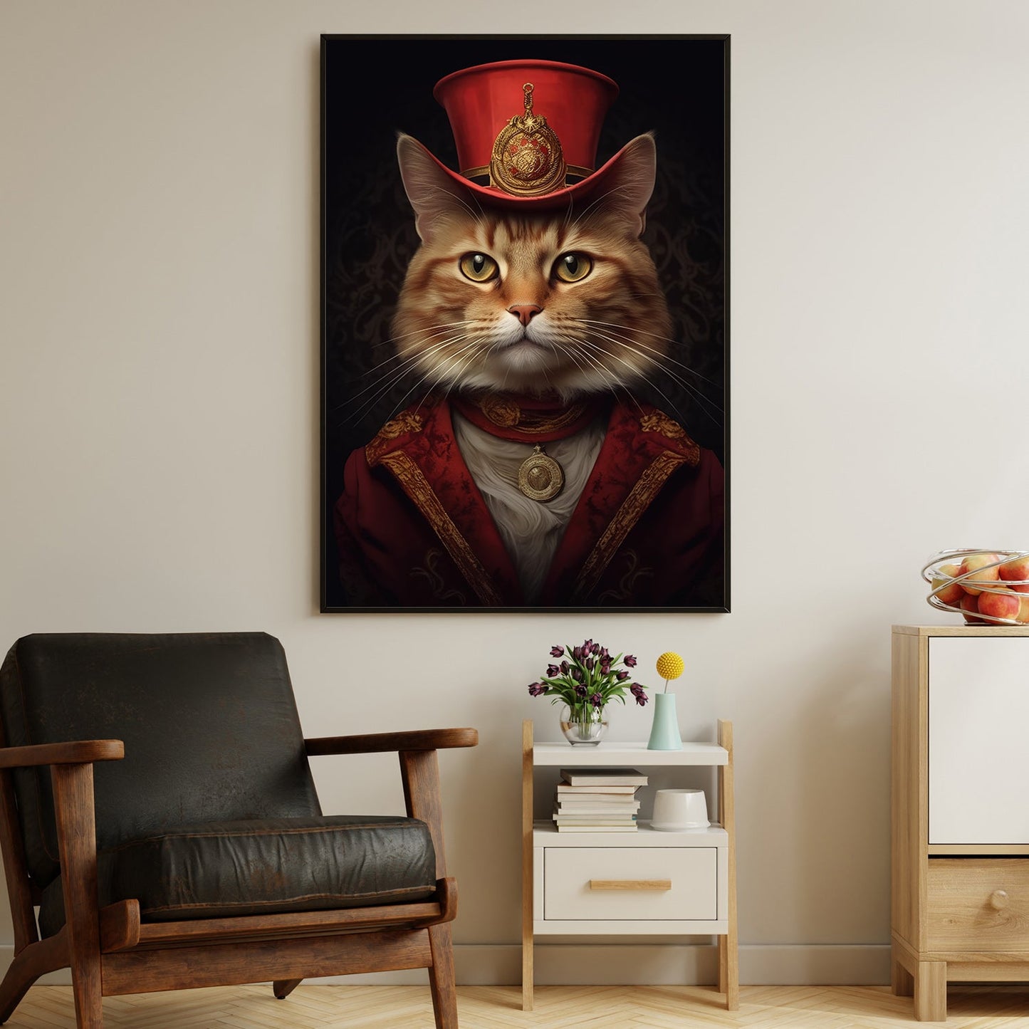 Noble Cat With Red Hat, Victorian Cat Canvas Painting, Majestic Wall Art Decor, Poster Gift For Cat Lovers