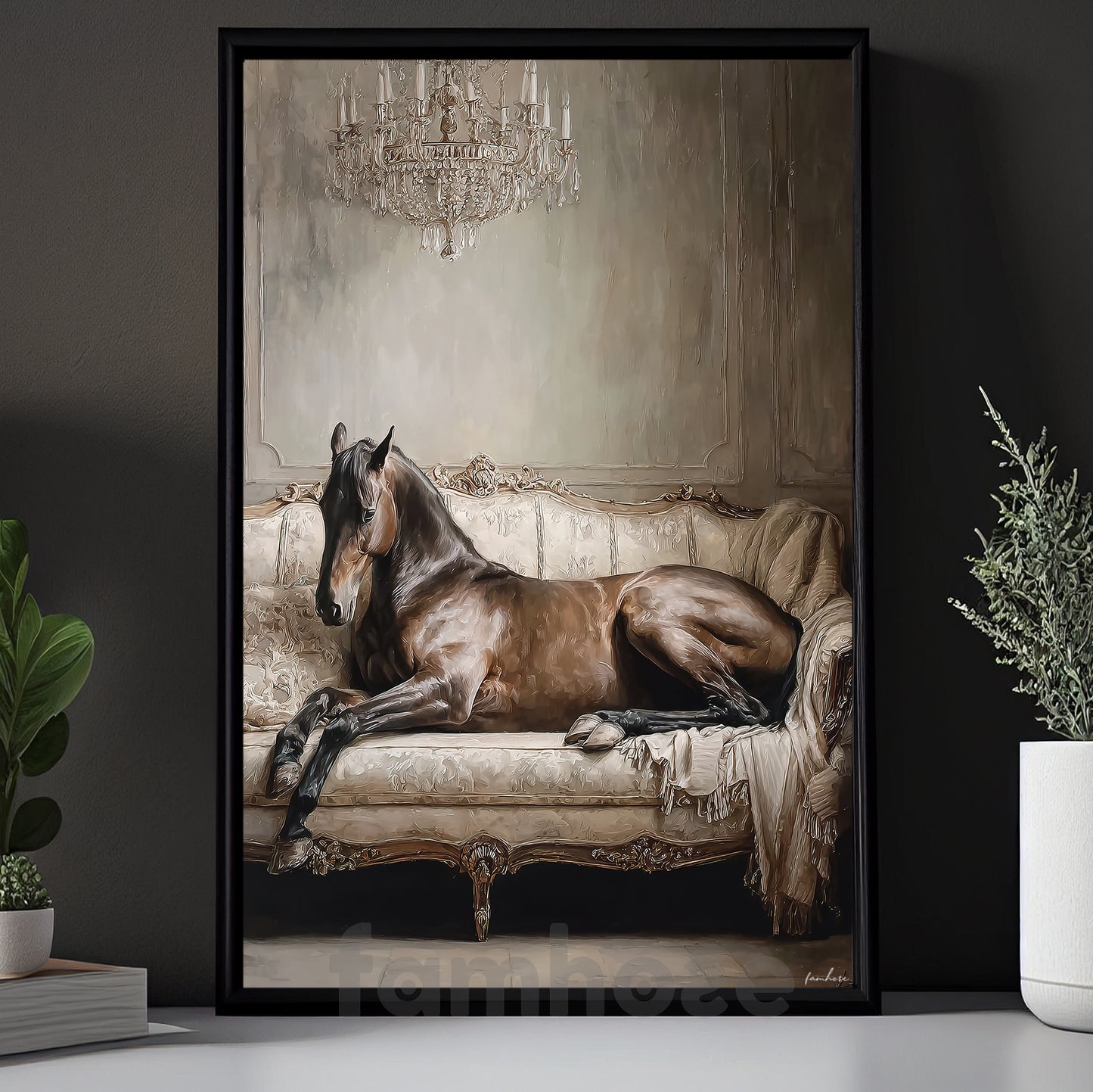 Regal Horse Canvas Painting, Horse Lying Baroque Sofa Wall Art Decor, Poster Gift For Horse Lovers
