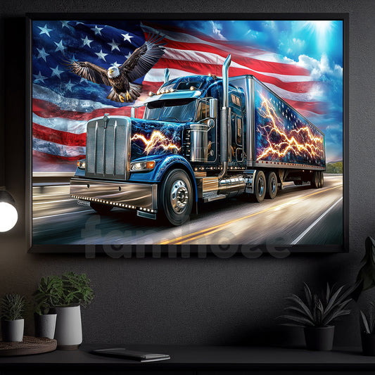 July 4th Truck Eagle Canvas Painting, Patriotic Power Wall Art Decor, Poster Gift For American Lovers, Truck Drivers