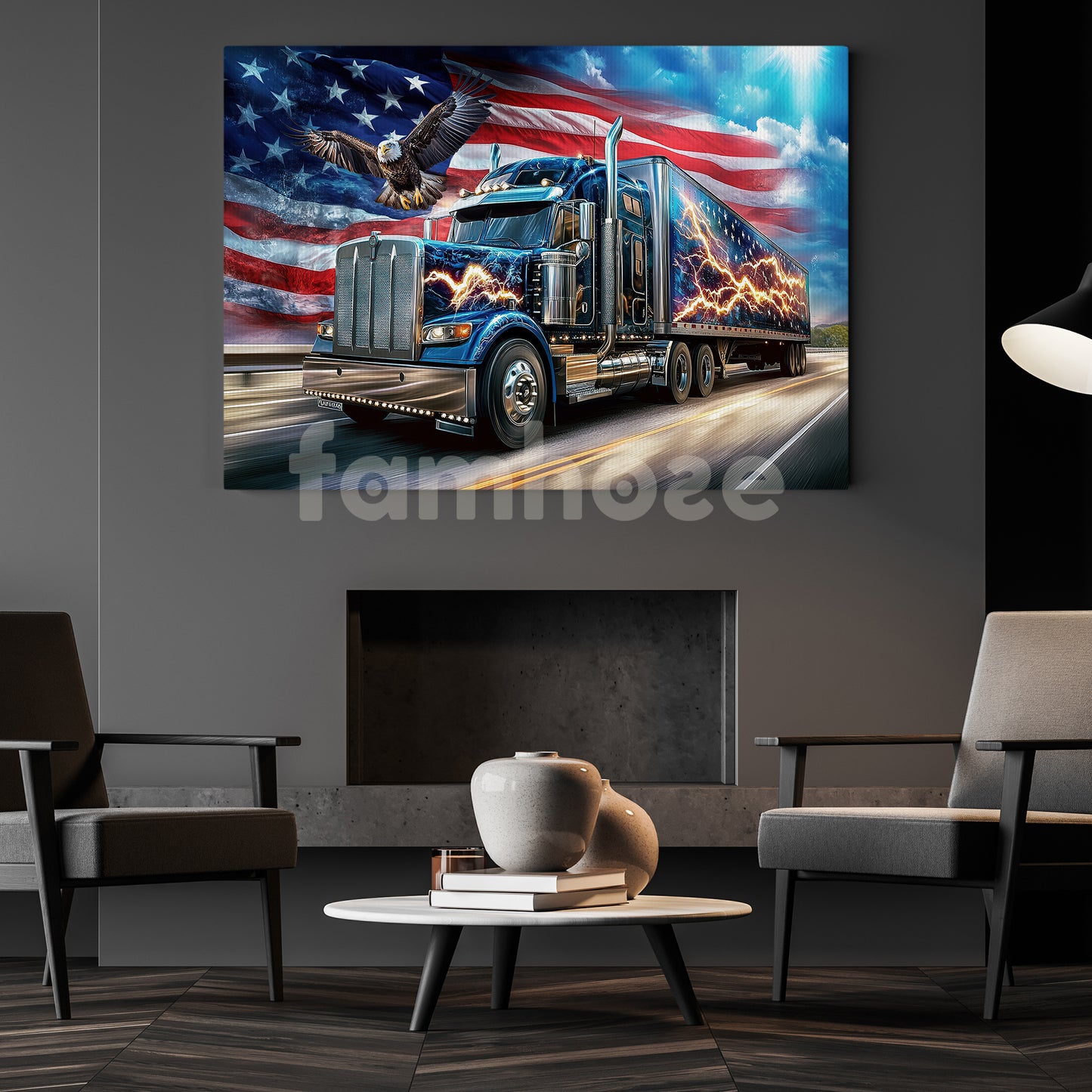 July 4th Truck Eagle Canvas Painting, Patriotic Power Wall Art Decor, Poster Gift For American Lovers, Truck Drivers