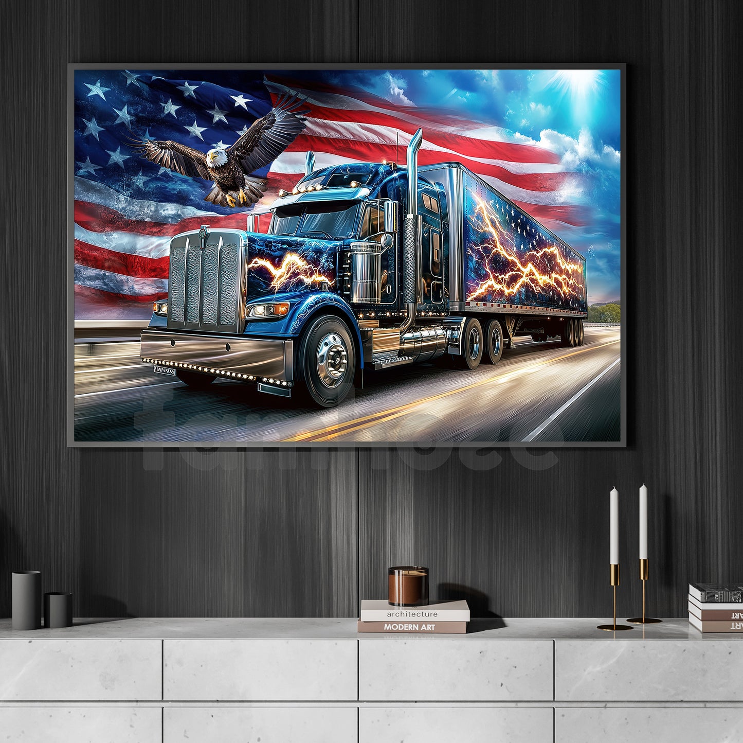 July 4th Truck Eagle Canvas Painting, Patriotic Power Wall Art Decor, Poster Gift For American Lovers, Truck Drivers