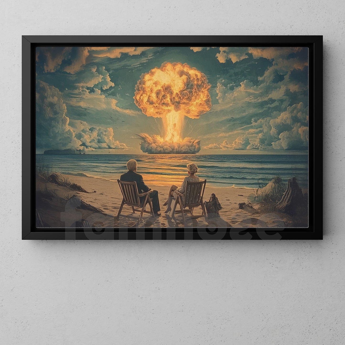 Surreal Beach Explosion Canvas Painting, Couple Watching Nuclear Blast Wall Art Decor, Poster Gift