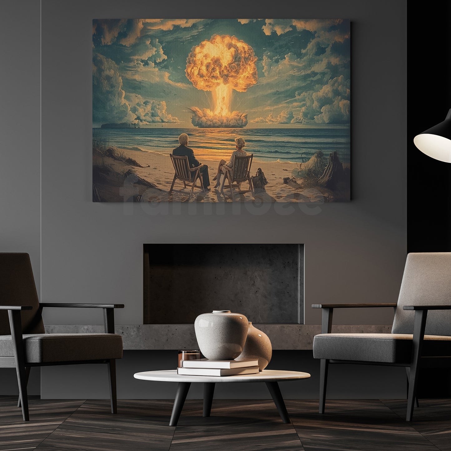 Surreal Beach Explosion Canvas Painting, Couple Watching Nuclear Blast Wall Art Decor, Poster Gift