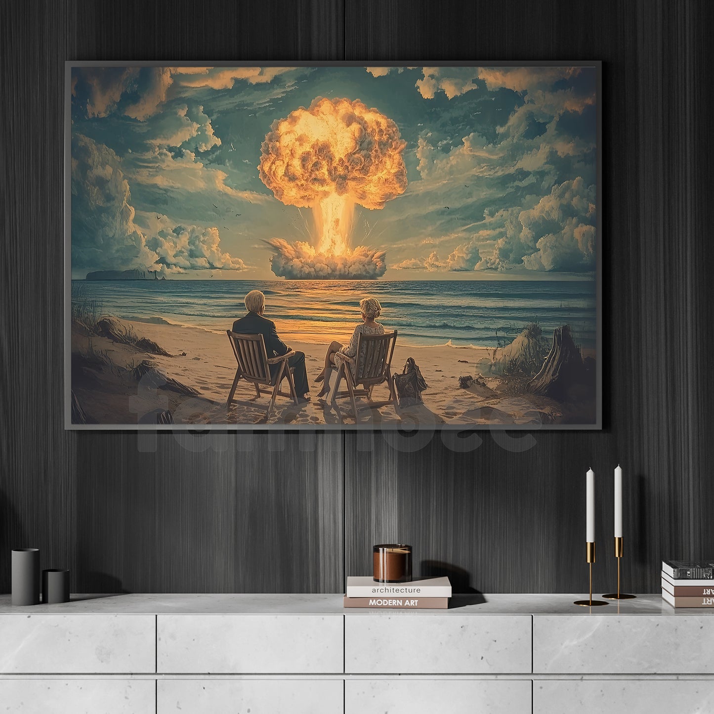 Surreal Beach Explosion Canvas Painting, Couple Watching Nuclear Blast Wall Art Decor, Poster Gift